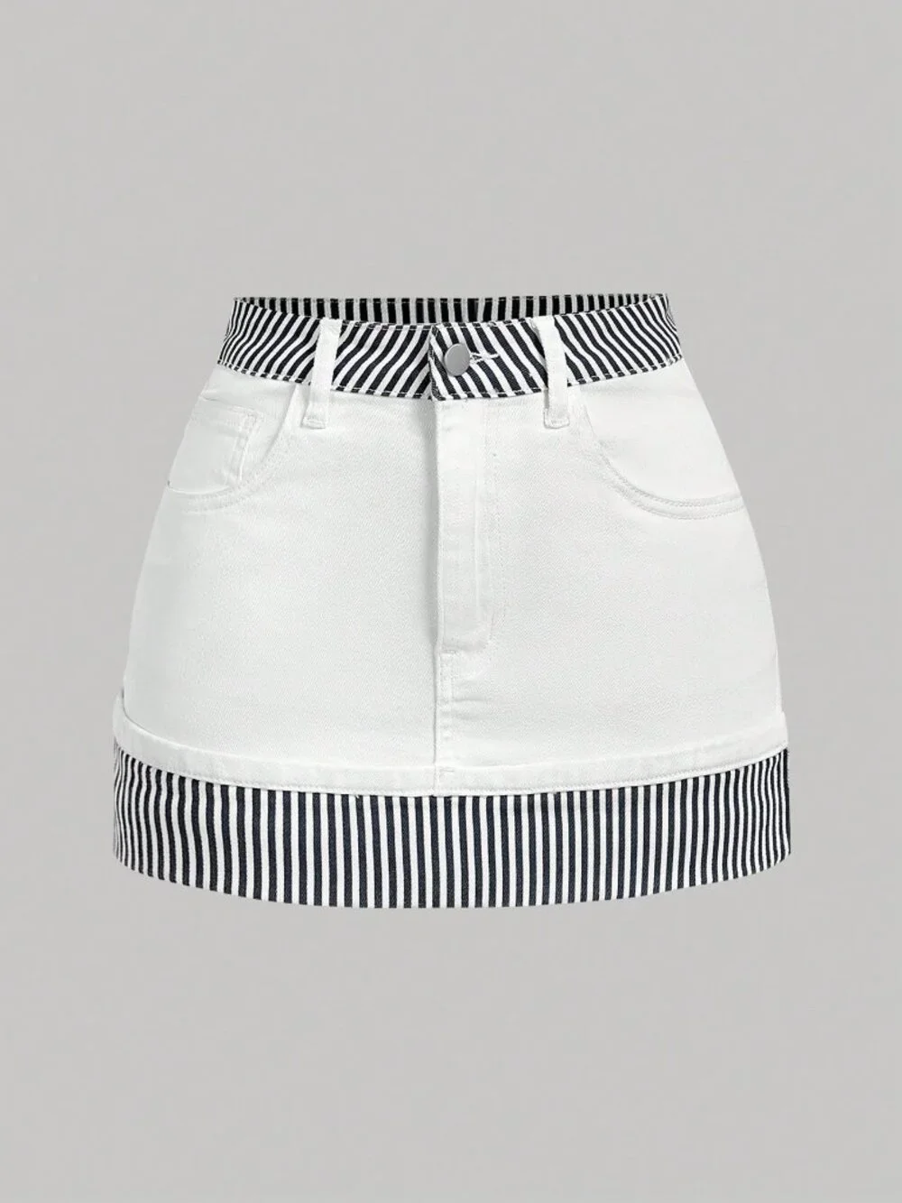 White Elegant Women's Striped Belted Denim Mini Skirt